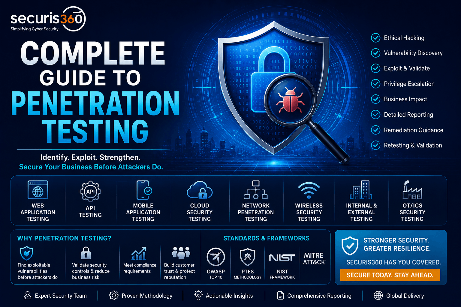 Infographic for penetration testing guide featuring a blue shield with a magnifying glass and a bug, and a list of testing services on the right side.