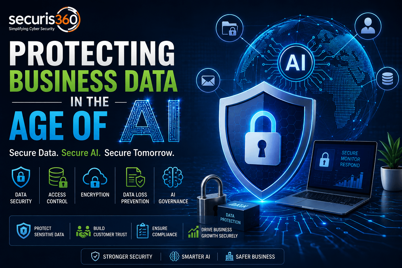 Securis360 banner: protecting business data in the AI era, featuring a glowing shield, AI globe, and security icons.