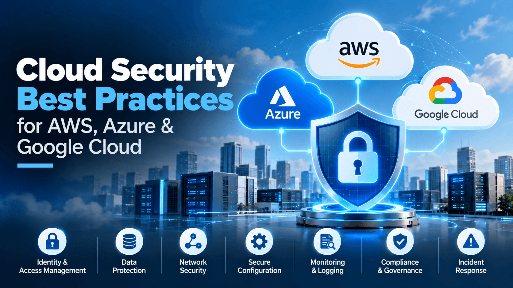 Infographic banner showing cloud security best practices for AWS, Azure, and Google Cloud with a shield and cloud icons above a cityscape.